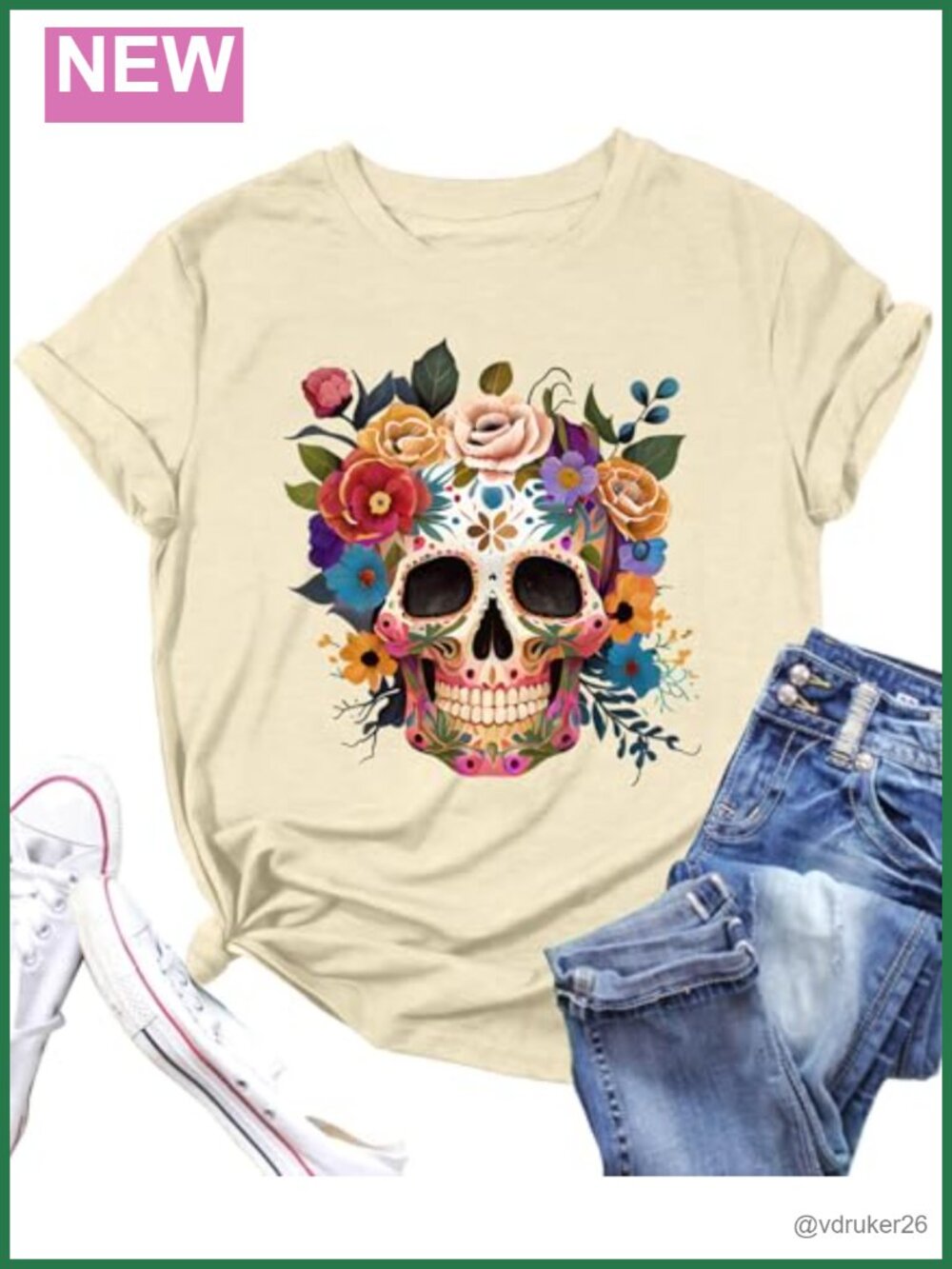 Dia De Los Muertos Sugar Skull Graphic Tee Crew Neck Short Sleeve